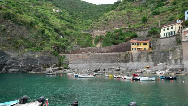 Vernazza Italien Juni 2021 Vernazza Hamn Cinque Terre Båtar Fastbundna — Stockvideo