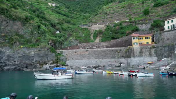 Вернацца Италия Июня 2021 Лодка Покидает Порт Вернацца Cinque Terre — стоковое видео