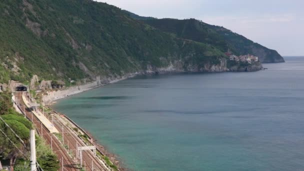 Vista Aérea Estación Tren Corniglia Manarola Fondo Hermoso Paisaje Del — Vídeos de Stock