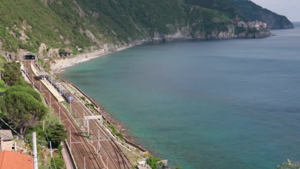 Corniglia Italia Junio 2021 Tren Pasajeros Que Sale Estación Tren — Vídeo de stock