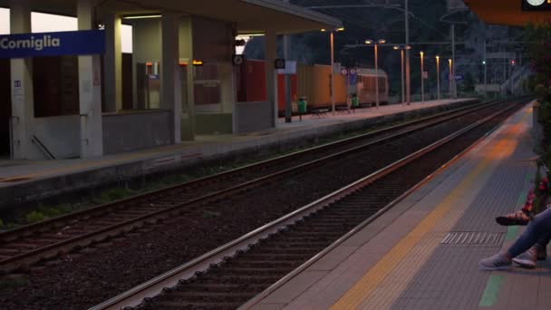 Corniglia Italia Junio 2021 Tren Carga Pasando Por Estación Tren — Vídeos de Stock