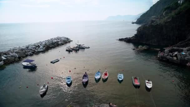 Riomaggiore Italien Juni 2021 Fischerboote Einem Kleinen Hafen Mittelmeer Festgebunden — Stockvideo