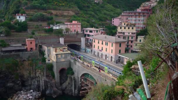 Riomaggiore Italia Junio 2021 Personas Que Entran Tren Pasajeros Trenitalia — Vídeo de stock