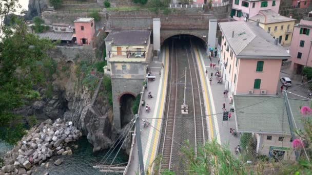 Riomaggiore Italië Juni 2021 Treinstation Cinque Terre Mensen Lopen Perron — Stockvideo