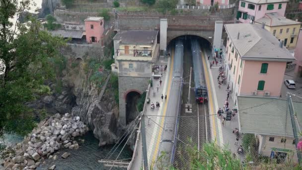 Riomaggiore Olaszország Június 2021 Cinque Terre Pályaudvara Vonat Belépő Állomása — Stock videók