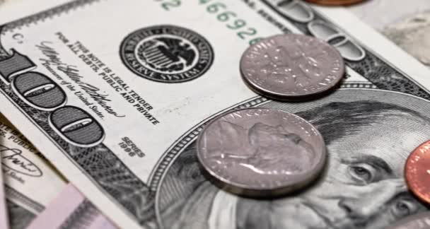 Close Van Bankbiljetten Amerikaanse Dollars Panning Meer Dan Dollar Biljetten — Stockvideo