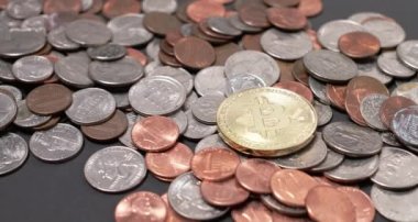 Bitcoin Altın Bitcoin Amerikan Doları paralarının üstünde. Metal paralar ve dijital para birimi varlıkları kavramı