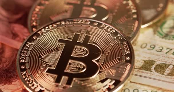 Bitcoin Auf Hundert Dollar Scheinen Rutschen Über Kryptowährungsmünzen Und Dollarscheine — Stockvideo
