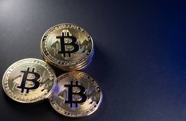 Koyu arka planda biriken altın Bitcoin paraları. Sağ taraftaki kopyalama alanı