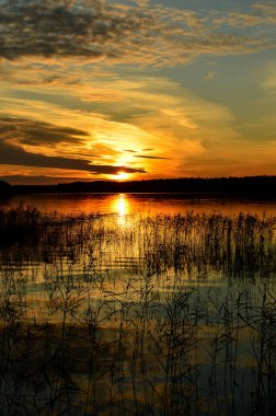 Gölde güzel bir gün batımı. Sudaki bulutların yansıması. Doğada yaz.