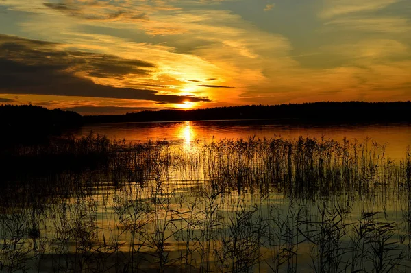 Красивый Закат Озере Отражение Облаков Воде Лето Природе — стоковое фото