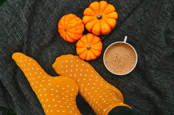 Women Feet Yellow Socks Small Yellow Orange Pumpkins Cup Cappuccino — Stock Photo, Image