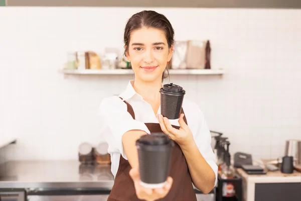 Beautiful Caucasian Barista Woman Gives Takeaway Coffee Cups One Hand — Foto de Stock