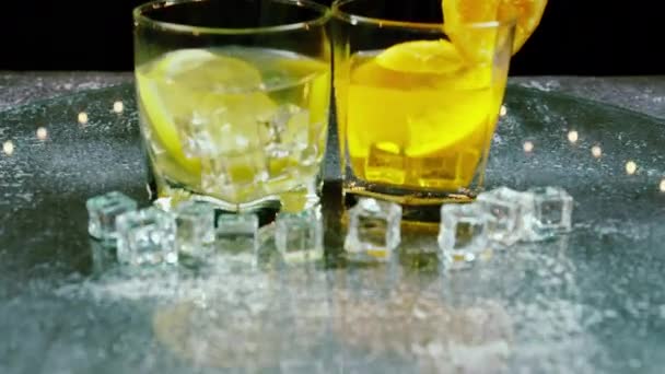 Movement Fresh Camera Orange Lemon Juice Glass Table Bartender Prepare — Stock Video