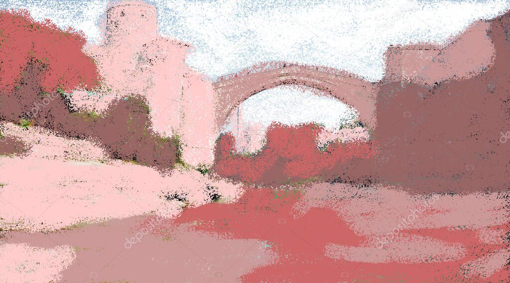 Abstract modern art for Mostar bridge in shades of pink and green and monochrome 