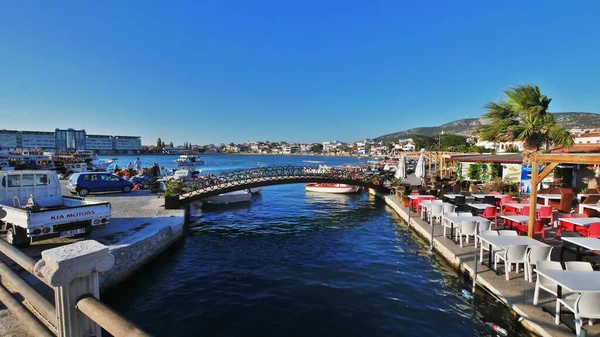 Vue Sur Mer Égée Avec Belles Vues Panoramiques Fleurs Arbres — Photo