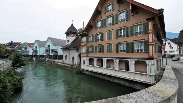 Suíça Paisagens Panorâmicas Vista Para Cidade Lago — Fotografia de Stock
