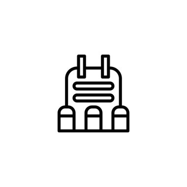 Basit bir çizgi çizimi olarak gösterilen taktik yeleğin temiz ve minimalist tasviri. Görüntü, yeleğin koruyucu özelliklerini ve tasarımını vurgular, bir simge veya grafik ögesi olarak kullanmak için mükemmeldir