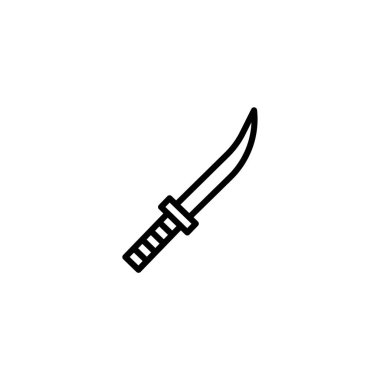 A minimalist illustration of a knife features a curved blade and a segmented handle. The design is clean and precise, making it suitable for use as a vector graphic or icon. This image conveys a