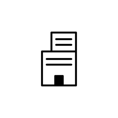 A minimalistic linear icon showcases a multi-story office building topped with document stacks. The design features a simple central doorway with plain lines indicating the building's layered