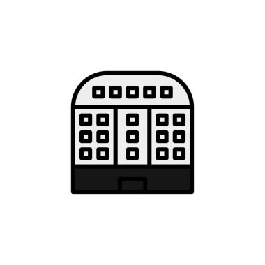 Bir minimalist yapı ikonu temiz çizgiler, geometrik şekiller ve çağdaş bir mimari tasarıma sahiptir. Biçimlendirilmiş illüstrasyon, şehir için ideal ticari bir yapıyı temsil ediyor.,