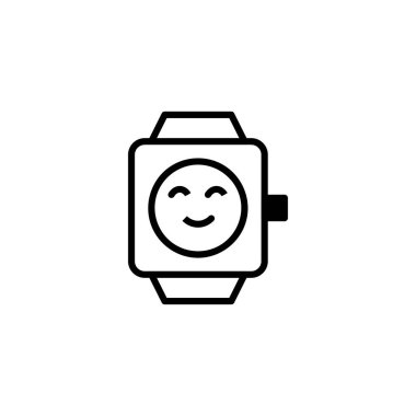 A minimalist line drawing features a smartwatch with a friendly smiley face icon displayed on its screen. Representing digital communication and wearable technology, this design conveys a sense of