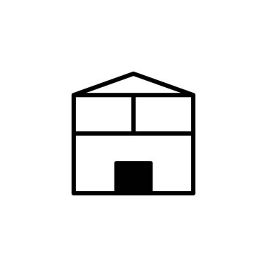 Minimalist bir grafik çizimi, beyaz arka planda siyah bir özet olarak gösterilen basit bir evi tasvir eder. Logolar gibi çeşitli uygulamalar için uygun, temiz ve modern bir tasarım sergiler.