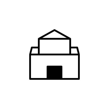 Bir minimalist mimari çizim geometrik bir yapı tasvir eder. Basit tasarım temiz çizgileri ve şekilleri ön cepheye ve belirgin kapıya vurgu yaparak vurgular. Bu resim