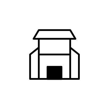 Minimalist bir çizim, bir ev ya da bina öneren stilize bir yapı sunar. Konut mimarisinin temiz çizgiler ve geometrik çizgilerle basit ama anımsatıcı bir temsilini sergiliyor