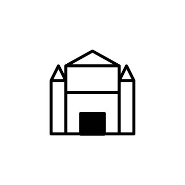 Bir minimalist illüstrasyonda geometrik şekilleri ve temiz çizgileri olan bir bina gösterilir. Tasarım, bir yapının şematik tasvirini sunarak basitliği ve mimari biçimi vurguluyor. Şey...