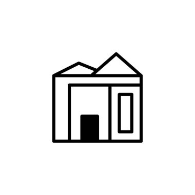 Bu minimalist grafik, temiz çizgiler ve geometrik şekillerle karakterize edilmiş stilize edilmiş bir bina tasvir ediyor. Tasarım basitliği ve soyut temsili vurgular, iletim için idealdir