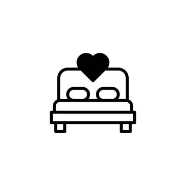 Minimalist bir ikon yastıklı bir yatak ve üstünde de yatak odasındaki aşkı ve huzuru simgeleyen bir kalp tasvir ediyor. Basit grafik tasarım beraberlik ve dinlenme duygusunu çağrıştırıyor, ideal.