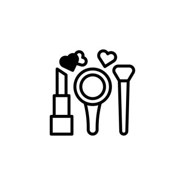 Temel kozmetik ürünleri içeren basit bir illüstrasyon. Bir ruj, bir el aynası ve bir fırça zarif bir şekilde özetlenmiştir. Minimalist ama modaya uygun bir güzellik simgesi oluşturur.