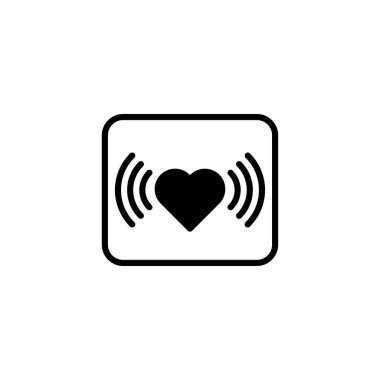Minimalist bir amblem. Sinyal dalgalarıyla çevrili, kare şeklinde bir kalp. Duygusal bağlantı, iletişim ya da bakım ve duyarlılığın teknolojik ifadesi.,