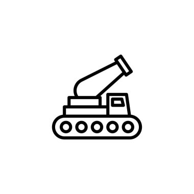 Minimalist bir siyah-beyaz illüstrasyonda, izlenmiş bir şasi ve yüksek bir top yapısına sahip stilize edilmiş bir top aracı sergilenmektedir. Bu tasarım kendini askeri temalı