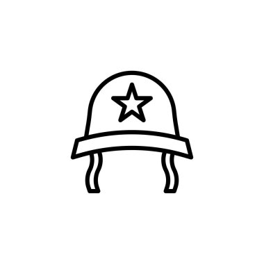 Basitleştirilmiş bir çizgi çizimi, belirgin bir yıldız amblemiyle süslenmiş askeri bir miğferi tasvir ederek hizmet, koruma ve askeri hazırlık temaları ortaya koymaktadır. Temiz ve cesur vektör sanatı