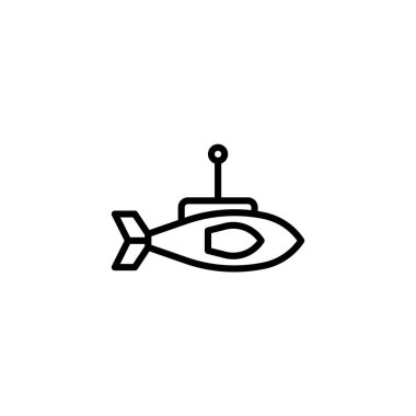 Şematik tarzda temiz ve minimalist bir denizaltı çizimi. Tasarım, su altı keşifleri ve teknolojik yenilikleri, beyaz bir zemin üzerinde basit bir taslak simgesi olarak sunar.