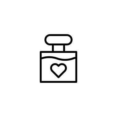 Minimalist çizgilerde kalp sembolü ile süslenmiş bir parfüm şişesi bulunur. Romantizm, güzellik, parfüm ve kozmetik kavramlar için ideal. Zarif taslak biçimi mükemmel