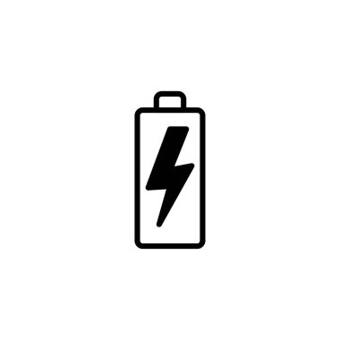 Enerji, güç ve şarjı temsil eden bir yıldırım simgesi içeren basit bir pil simgesi. Teknoloji, sürdürülebilirlik, elektrik ve yenilenebilir enerji kaynaklarının temaları için ideal,