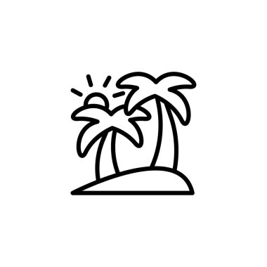 Güneşin doğduğu ya da battığı küçük bir adada iki palmiye ağacı gösteren minimalist siyah beyaz bir ikon. Grafik, yaz tatili, tropikal yerler ve