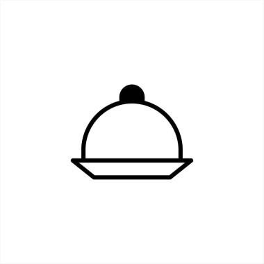 A minimalist line drawing depicts a serving dome on a plate. This graphic element is suitable for representing catering, fine dining, or kitchenware. The clean design lends itself to menus, event
