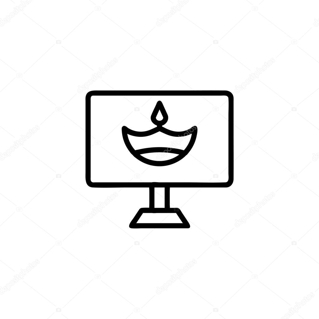 This minimalistic line art depicts a Diwali diya displayed on a computer screen, representing the fusion of traditional celebrations with modern technology. It symbolizes the spreading of light and
