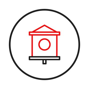 Soyut bir tasvir, siyah bir daire içinde saf beyaz bir tuvale karşı kırmızı çizgilerle vurgulanmış, basitleştirilmiş mimariye benzeyen geometrik bir form gösterir. Minimalist sanatsal stil