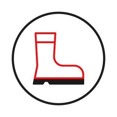 Bir minimalist vektör illüstrasyonunda dairesel bir kenar içinde kırmızı ve siyah koruyucu bot simgesi bulunur. Basit tasarım, işyeri güvenliğinin önemini vurguluyor.