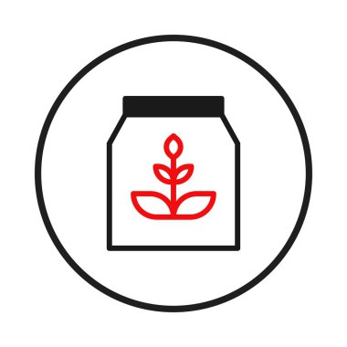 Bir çantanın içinde organik tarım ve sürdürülebilir tarım uygulamalarını temsil eden, bir çember tarafından kapsüllenmiş kırmızı fideleri gösteren stilize bir illüstrasyon. Çevreye olan bağlılığını gösterir