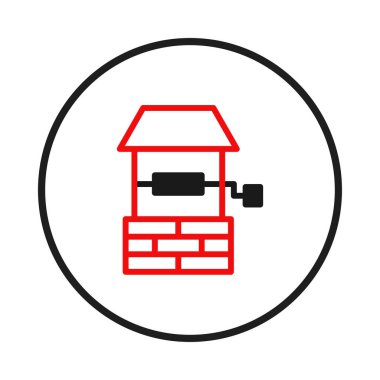 Bir su kuyusunun basit ve asgari bir çizimi, sarma mekanizması olan kırmızı tuğlalı bir yapı içeriyor. Tasarım temiz çizgiler ve zıt renkler kullanır, biçimlendirilmiş