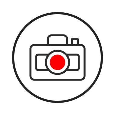 Minimalist tarzda stilize edilmiş kamera simgesi. Grafik modern fotoğraf ekipmanlarını tasvir ediyor. Dijital hafıza, görsel iletişim ve sanatsal yakalama kavramlarını resmediyor. Temsilciler
