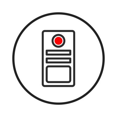 Dairesel çerçevenin içinde stilize edilmiş elektronik bir cihazın yer aldığı minimalist bir simge. Tasarım, teknolojik yönleri vurgulayan kırmızı dairesel elementi olan temiz bir siyah taslak kullanıyor.