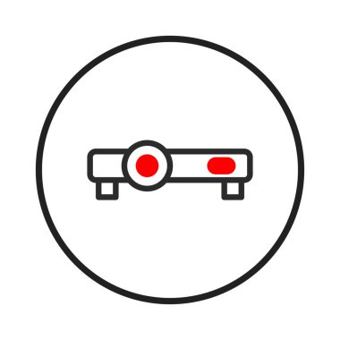 Minimalist bir vektör illüstrasyonu, temiz dairesel bir sınır içinde bulunan parlak bir projektör ikonunu gösteriyor. Tasarım, siyah ve kırmızı renkleri kullanarak modern bir taslak biçimi kullanır.