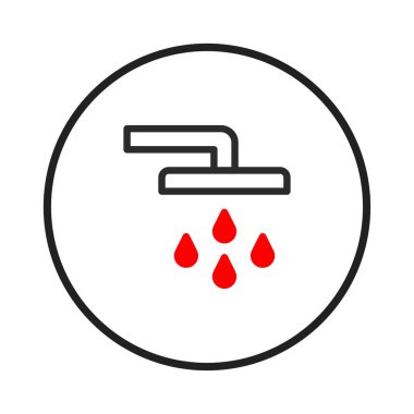Şekil verilmiş kırmızı su damlaları olan bir duş başlığının yer aldığı minimalist bir ikon. Basit siyah ve kırmızı tasarım temizlik ve hijyeni temsil eder. Banyo veya su tesisatı için uygundur.